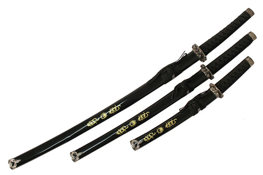 3 PC New Katana Ying Yang Japanese Samurai Sword Set with Stand Color Black