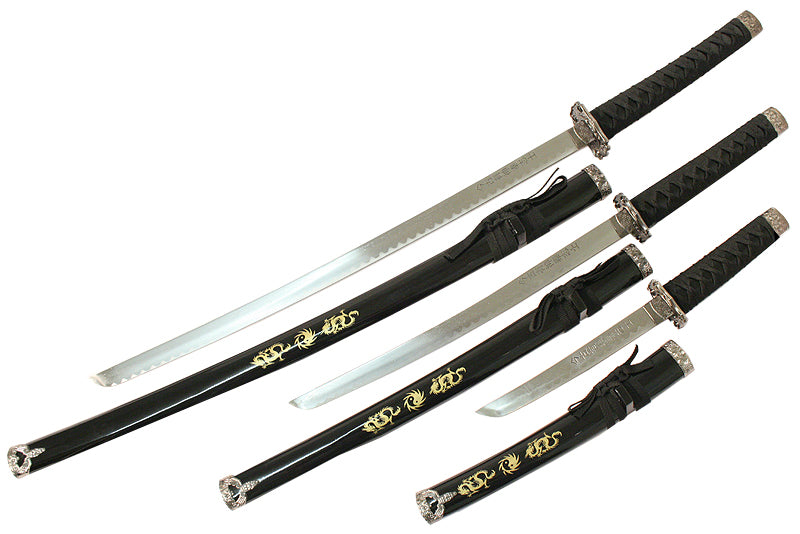 3 PC New Katana Ying Yang Japanese Samurai Sword Set with Stand Color Black