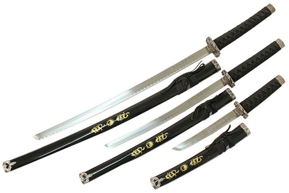 3 PC New Katana Ying Yang Japanese Samurai Sword Set with Stand Color Black
