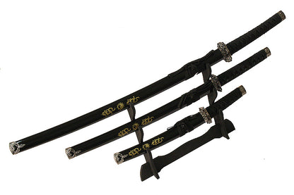 3 PC New Katana Ying Yang Japanese Samurai Sword Set with Stand Color Black