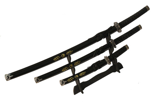 3 PC New Katana Ying Yang Japanese Samurai Sword Set with Stand Color Black