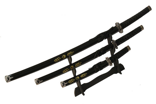3 PC New Katana Ying Yang Japanese Samurai Sword Set with Stand Color Black