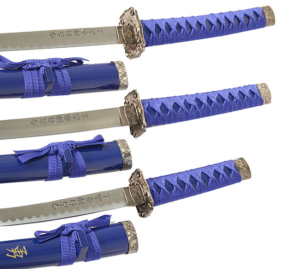 3 PC New Katana Ying Yang Japanese Samurai Sword Set with Stand Color Blue