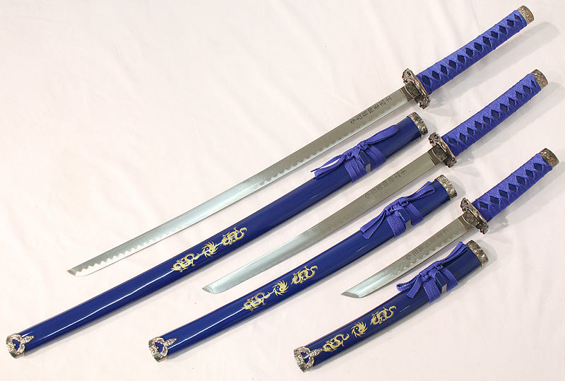 3 PC New Katana Ying Yang Japanese Samurai Sword Set with Stand Color Blue