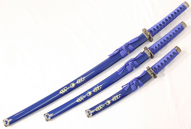 3 PC New Katana Ying Yang Japanese Samurai Sword Set with Stand Color Blue