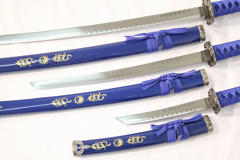 3 PC New Katana Ying Yang Japanese Samurai Sword Set with Stand Color Blue