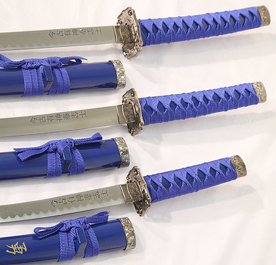 3 PC New Katana Ying Yang Japanese Samurai Sword Set with Stand Color Blue