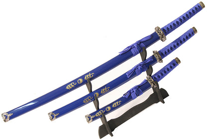 3 PC New Katana Ying Yang Japanese Samurai Sword Set with Stand Color Blue