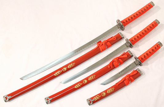 3 PC New Katana Ying Yang Japanese Samurai Sword Set with Stand Color Red