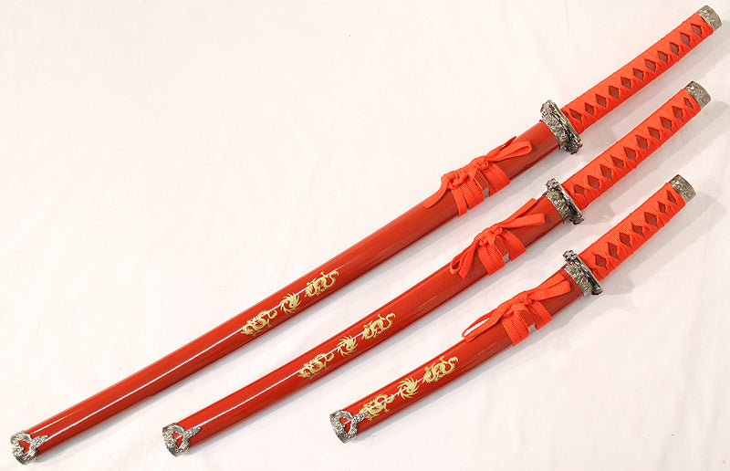 3 PC New Katana Ying Yang Japanese Samurai Sword Set with Stand Color Red