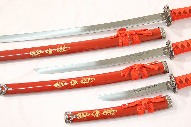 3 PC New Katana Ying Yang Japanese Samurai Sword Set with Stand Color Red
