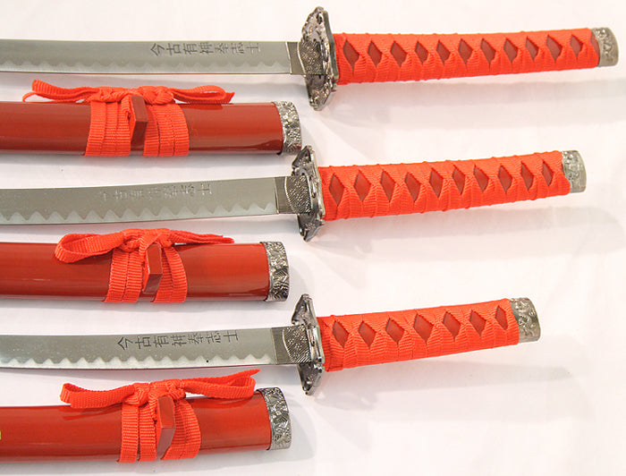 3 PC New Katana Ying Yang Japanese Samurai Sword Set with Stand Color Red