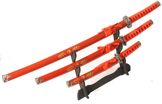 3 PC New Katana Ying Yang Japanese Samurai Sword Set with Stand Color Red