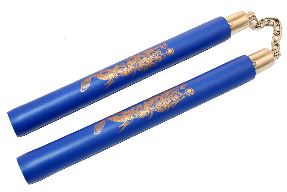 Blue 13" Foam Padded NunChucks Chain Swivel Dragon Symbol Practice Training New
