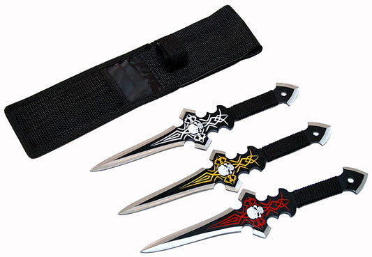 Defender Set Of 3 Skull Design Black Throwing Knives With Sheath