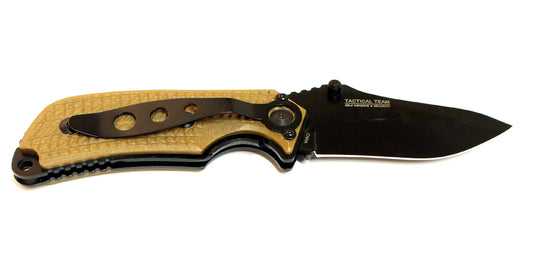 8.5" Brown & Black Spring Assisted Pocket Knife Black Stainless Steel Blade Meta